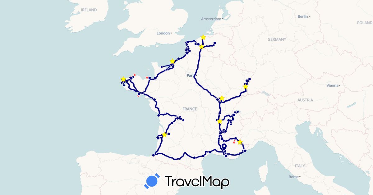 TravelMap itinerary: driving, cycling, hiking in Belgium, Switzerland, France (Europe)